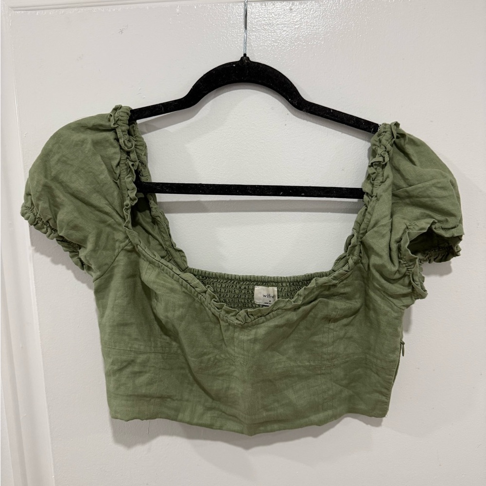 Wilfred Sage Green Linen Puff Sleeve Crop Top